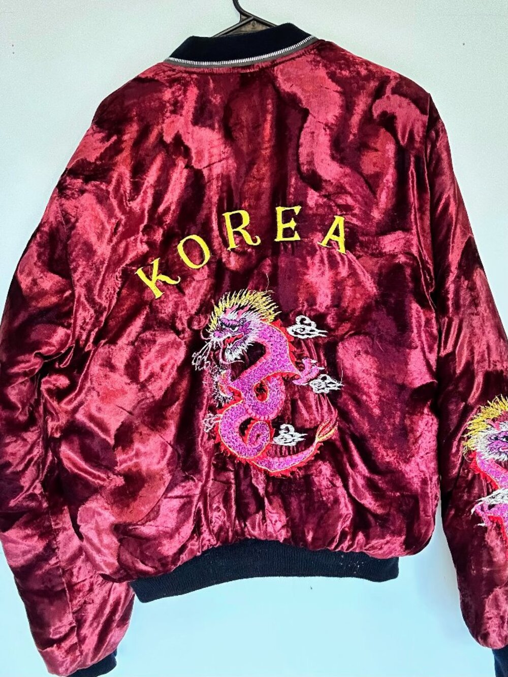 Vtg 80s 90s Crushed Velvet Sukajan Souvenir Jacket - Korea Dragon Bomber